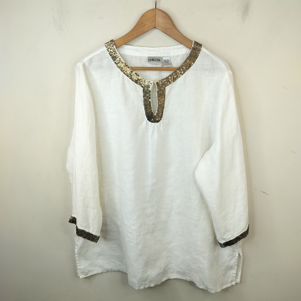 Chico's White Linen Tunic Gold Sequin Trim 3 / XL Boho Glam Beach